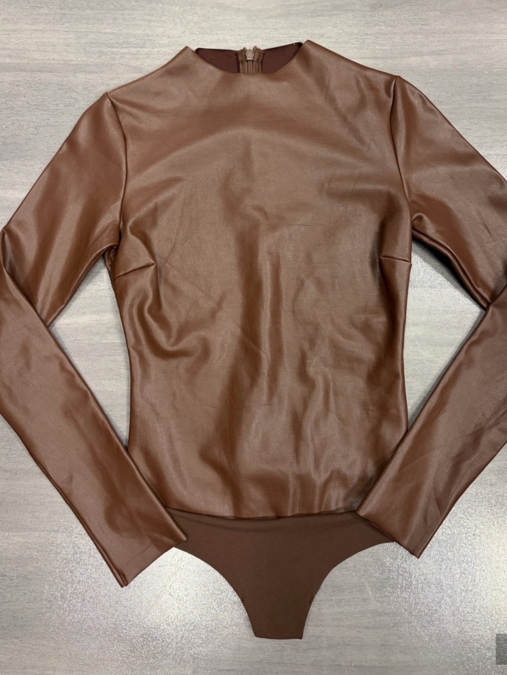 SKIMS Chocolate Brown Faux Leather Long-Sleeve Bodysuit